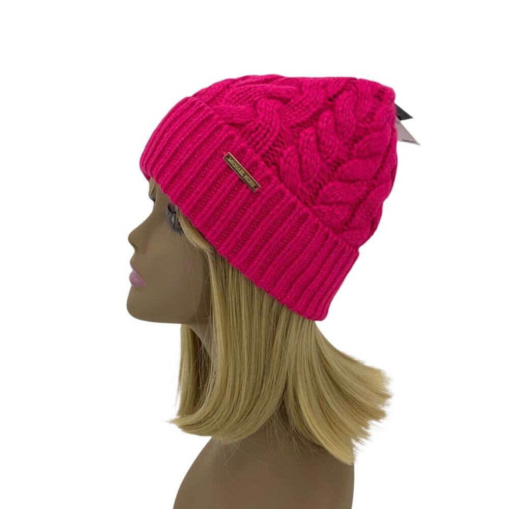 MICHAEL KORS Electric Pink Patchwork Cable Knit Beanie One Size